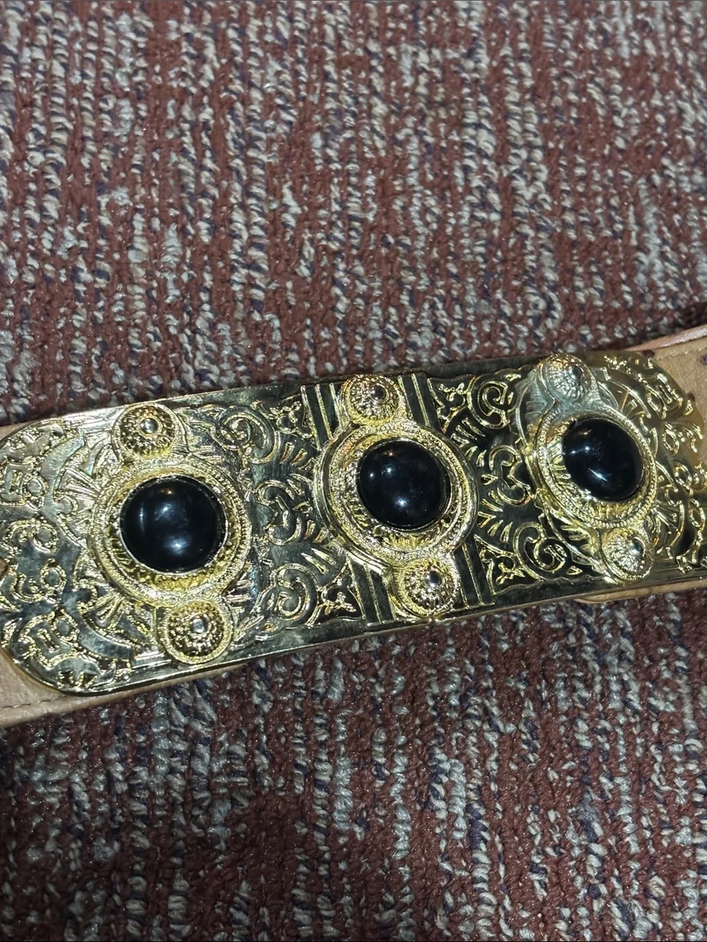 Vintage maximalist belt faux ostrich gold tone gladiator buckle leather belt